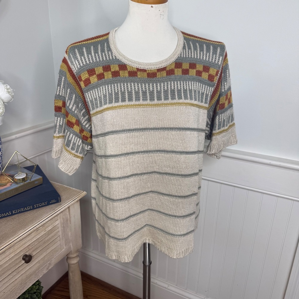 Millar Ireland Linen Blend Short Sleeve Knit Sweater Striped Geometric Large